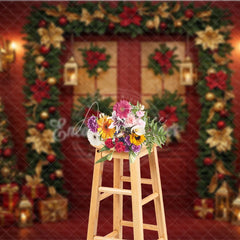 Aperturee - Aperturee Elegant Red Christmas Door Photography Backdrop Red and Gold Poinsettia Garland Luxury Holiday Photo Background
