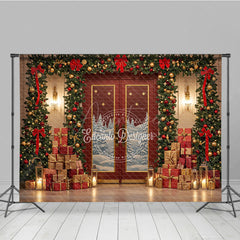 Aperturee - Aperturee Elegant Red Christmas Door Photography Backdrop Snowy Scene with Garland and Trees Holiday Mini Session Background
