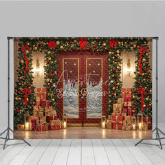 Aperturee - Aperturee Elegant Red Christmas Door Photography Backdrop Snowy Scene with Garland and Trees Holiday Mini Session Background