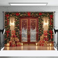 Aperturee - Aperturee Elegant Red Christmas Door Photography Backdrop Snowy Scene with Garland and Trees Holiday Mini Session Background