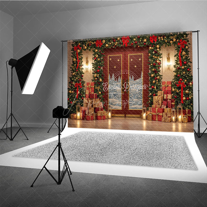 Aperturee - Aperturee Elegant Red Christmas Door Photography Backdrop Snowy Scene with Garland and Trees Holiday Mini Session Background