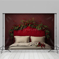 Aperturee Aperturee Elegant Red Christmas Headboard Photography Backdrop Tufted Bed with Berry Garland Moody Holiday Bedroom Prop