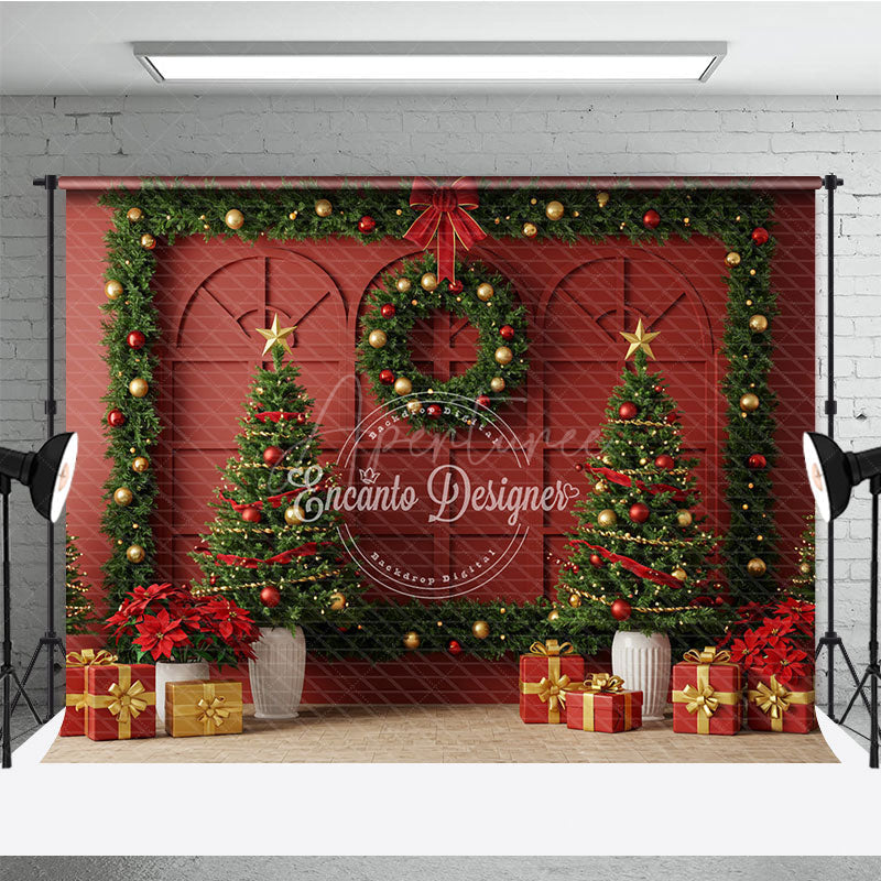 Aperturee - Aperturee Elegant Red Christmas Wall Photography Backdrop Garland Frame with Trees Traditional Holiday Photo Background