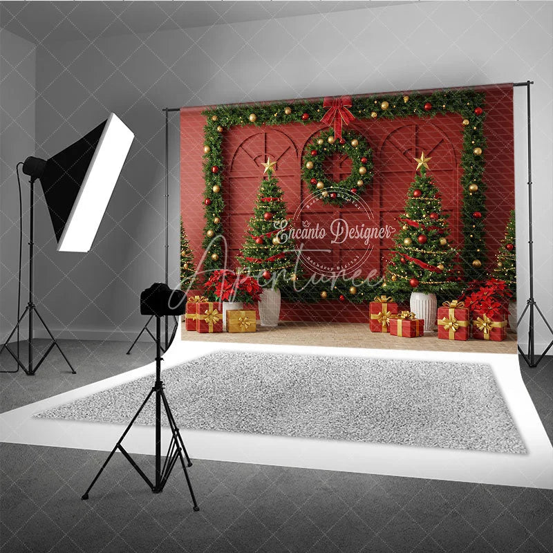 Aperturee - Aperturee Elegant Red Christmas Wall Photography Backdrop Garland Frame with Trees Traditional Holiday Photo Background