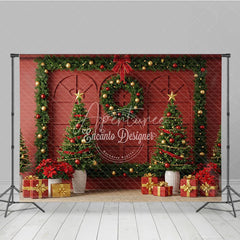 Aperturee - Aperturee Elegant Red Christmas Wall Photography Backdrop Garland Frame with Trees Traditional Holiday Photo Background