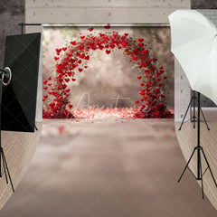Aperturee - Aperturee Elegant Red Hearts and Floral Arch Sweep Backdrop Romantic Valentine’s Day Wedding Photo Booth Decor
