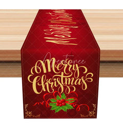 Aperturee - Aperturee Elegant Red ’Merry Christmas’ Calligraphy Table Runner with Holly Berry Formal Holiday Dining Decor