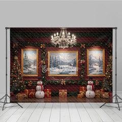 Aperturee - Aperturee Elegant Red Room Christmas Photography Backdrop Snowmen and Chandelier Traditional Holiday Photo Background