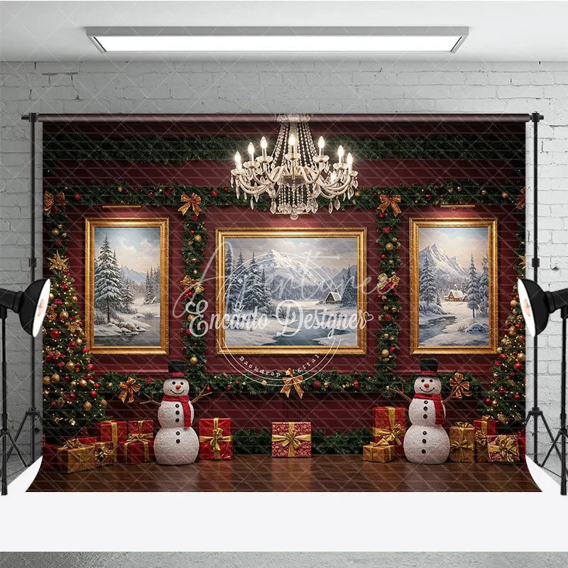 Aperturee - Aperturee Elegant Red Room Christmas Photography Backdrop Snowmen and Chandelier Traditional Holiday Photo Background