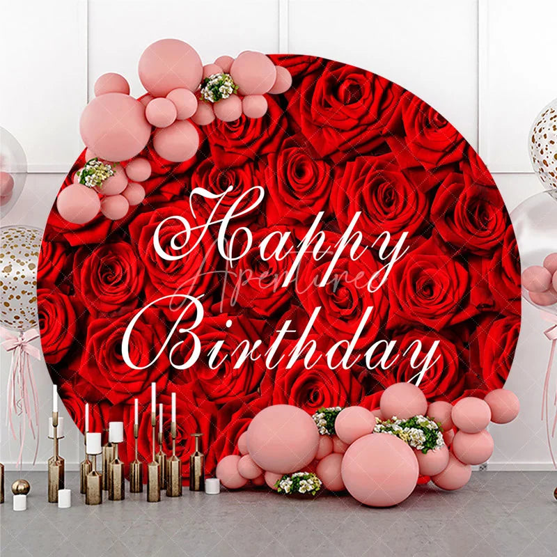 Aperturee - Aperturee Elegant Red Roses Happy Birthday Round Backdrop Beautiful Floral Design for Celebration Party Decor