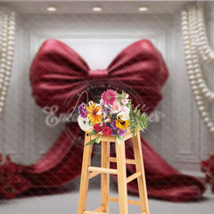 Aperturee - Aperturee Elegant Red Satin Bow and White Pearl Garlands Photography Backdrop Romantic Floral Arrangement for Celebrations