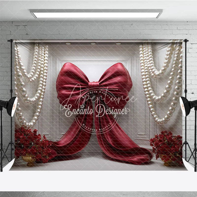 Aperturee - Aperturee Elegant Red Satin Bow and White Pearl Garlands Photography Backdrop Romantic Floral Arrangement for Celebrations