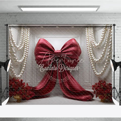 Aperturee - Aperturee Elegant Red Satin Bow and White Pearl Garlands Photography Backdrop Romantic Floral Arrangement for Celebrations