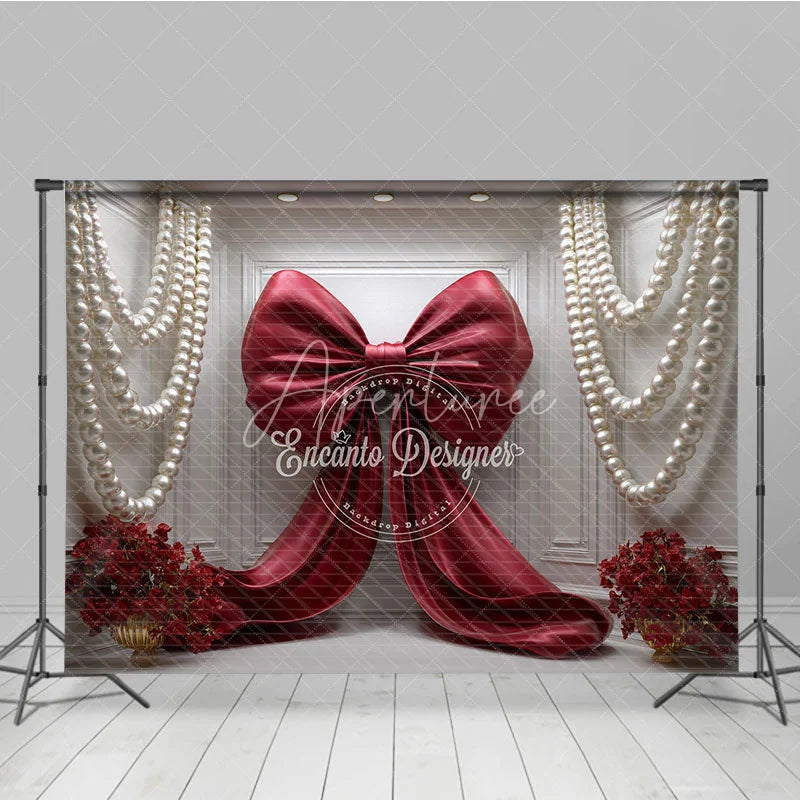 Aperturee - Aperturee Elegant Red Satin Bow and White Pearl Garlands Photography Backdrop Romantic Floral Arrangement for Celebrations