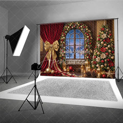Aperturee - Aperturee Elegant Red Velvet Curtain Gold Bow Holiday Backdrop with Arched Window Snowy Winter Christmas Tree Decor