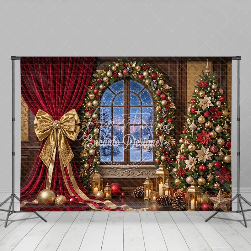 Aperturee - Aperturee Elegant Red Velvet Curtain Gold Bow Holiday Backdrop with Arched Window Snowy Winter Christmas Tree Decor