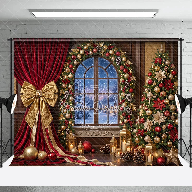 Aperturee - Aperturee Elegant Red Velvet Curtain Gold Bow Holiday Backdrop with Arched Window Snowy Winter Christmas Tree Decor