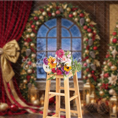 Aperturee - Aperturee Elegant Red Velvet Curtain Gold Bow Holiday Backdrop with Arched Window Snowy Winter Christmas Tree Decor