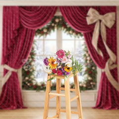 Aperturee - Aperturee Elegant Red Velvet Curtain Holiday Backdrop with Snowy Window and Christmas Trees Festive Winter Decor