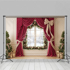 Aperturee - Aperturee Elegant Red Velvet Curtain Holiday Backdrop with Snowy Window and Christmas Trees Festive Winter Decor