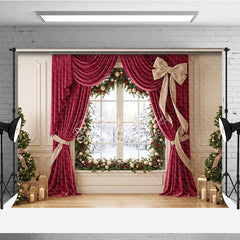 Aperturee - Aperturee Elegant Red Velvet Curtain Holiday Backdrop with Snowy Window and Christmas Trees Festive Winter Decor
