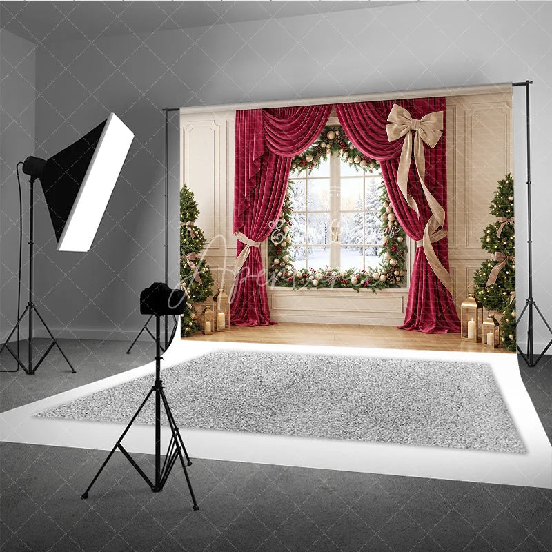 Aperturee - Aperturee Elegant Red Velvet Curtain Holiday Backdrop with Snowy Window and Christmas Trees Festive Winter Decor
