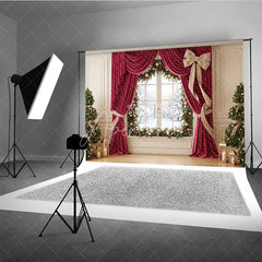 Aperturee - Aperturee Elegant Red Velvet Curtain Holiday Backdrop with Snowy Window and Christmas Trees Festive Winter Decor