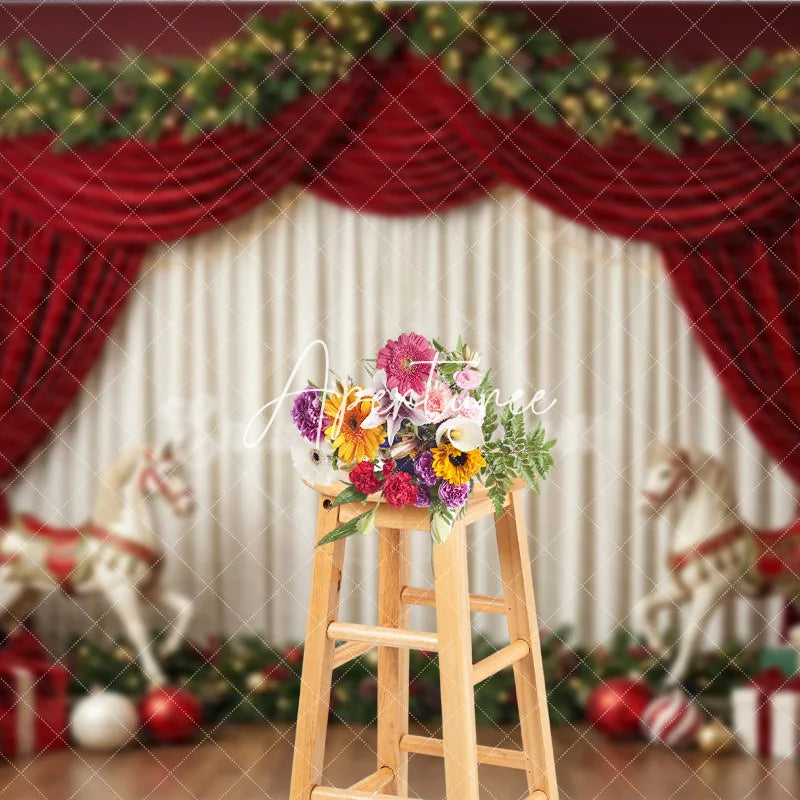 Aperturee - Aperturee Elegant Red Velvet Drapes and Christmas Tree Holiday Backdrop Festive Garland and Rocking Horse Decor