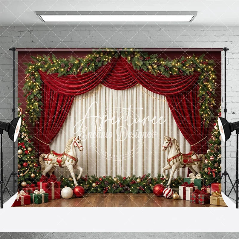 Aperturee - Aperturee Elegant Red Velvet Drapes and Christmas Tree Holiday Backdrop Festive Garland and Rocking Horse Decor