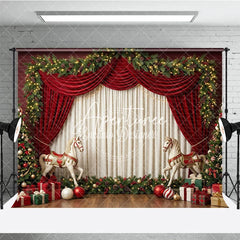 Aperturee - Aperturee Elegant Red Velvet Drapes and Christmas Tree Holiday Backdrop Festive Garland and Rocking Horse Decor