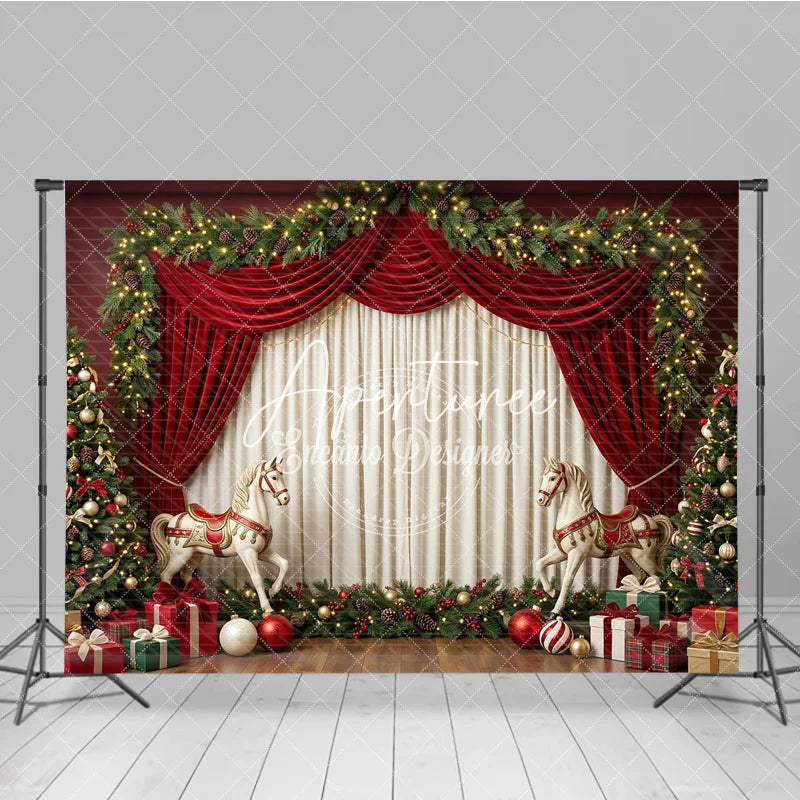 Aperturee - Aperturee Elegant Red Velvet Drapes and Christmas Tree Holiday Backdrop Festive Garland and Rocking Horse Decor