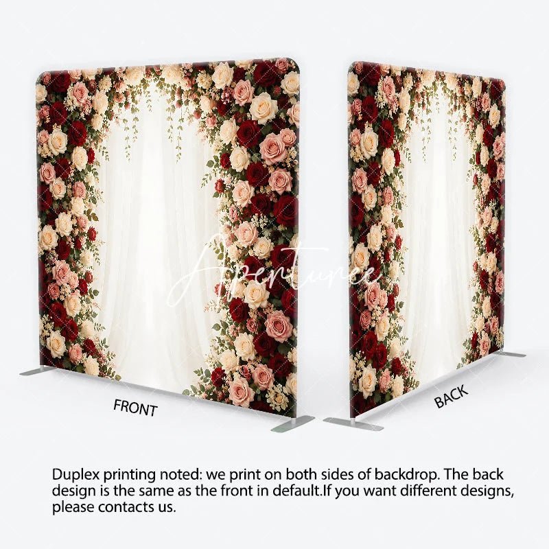 Aperturee - Aperturee Elegant Rose Floral Arch Square Double-Sided Backdrop with Red Pink and White Flowers Wedding Anniversary Decor