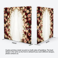 Aperturee - Aperturee Elegant Rose Floral Arch Square Double-Sided Backdrop with Red Pink and White Flowers Wedding Anniversary Decor
