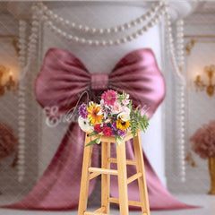 Aperturee - Aperturee Elegant Rose Gold Bow and Pearl Garland Photography Backdrop Classic Luxury Party Decor