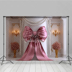 Aperturee - Aperturee Elegant Rose Gold Bow and Pearl Garland Photography Backdrop Classic Luxury Party Decor