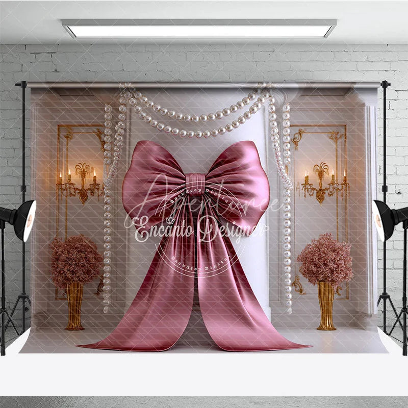 Aperturee - Aperturee Elegant Rose Gold Bow and Pearl Garland Photography Backdrop Classic Luxury Party Decor