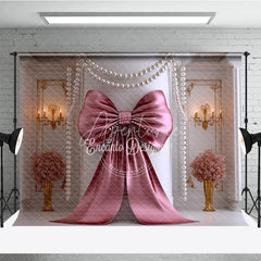 Aperturee - Aperturee Elegant Rose Gold Bow and Pearl Garland Photography Backdrop Classic Luxury Party Decor