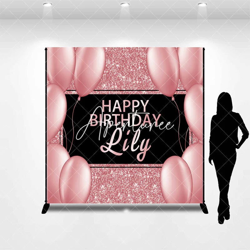 Aperturee - Aperturee Elegant Rose Gold Glitter Black Happy Birthday Custom Backdrop Personalized Name Party Decor with Balloons