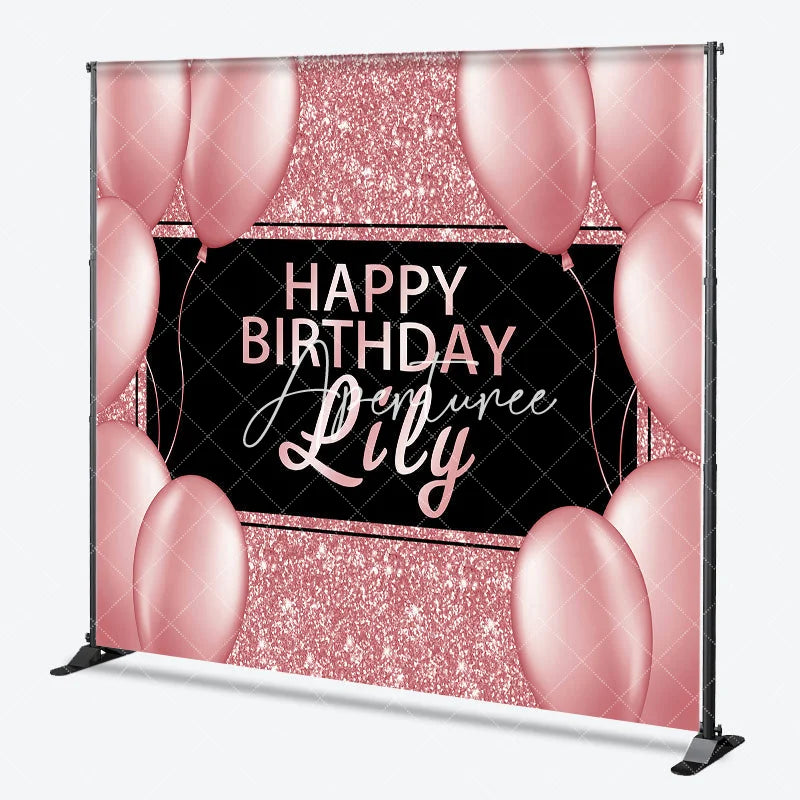 Aperturee - Aperturee Elegant Rose Gold Glitter Black Happy Birthday Custom Backdrop Personalized Name Party Decor with Balloons