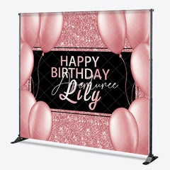 Aperturee - Aperturee Elegant Rose Gold Glitter Black Happy Birthday Custom Backdrop Personalized Name Party Decor with Balloons