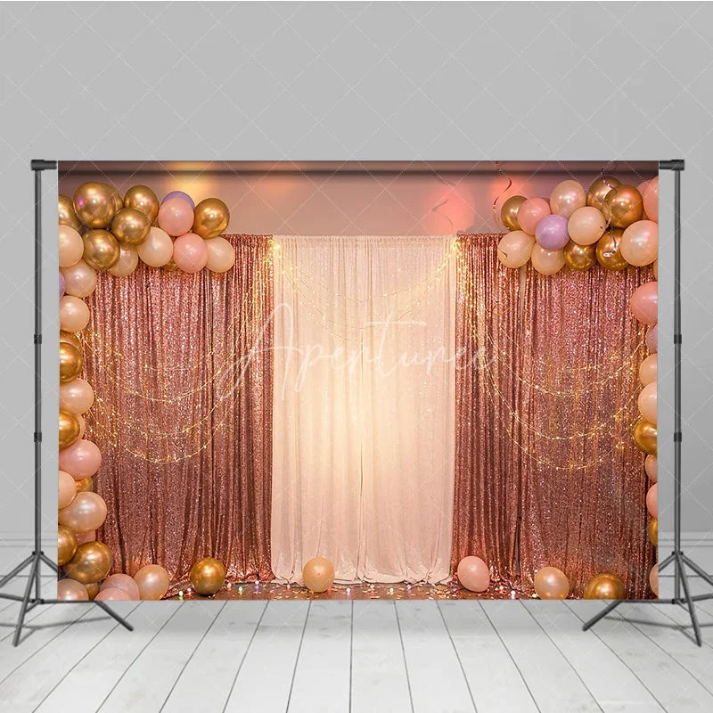 Aperturee - Aperturee Elegant Rose Gold Sequin and White Curtain Photography Backdrop with Balloons String Lights for Party Decor