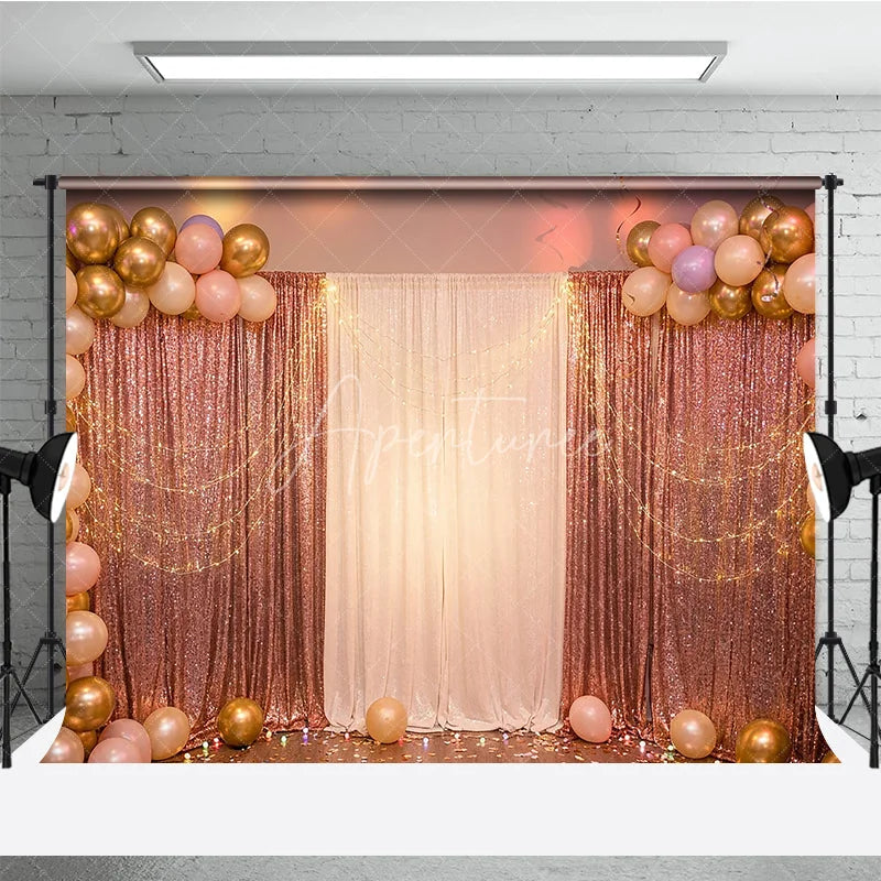 Aperturee - Aperturee Elegant Rose Gold Sequin and White Curtain Photography Backdrop with Balloons String Lights for Party Decor