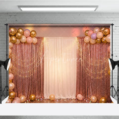 Aperturee - Aperturee Elegant Rose Gold Sequin and White Curtain Photography Backdrop with Balloons String Lights for Party Decor