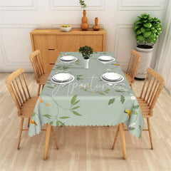 Aperturee - Aperturee Elegant Sage Green Floral Vine Rectangle Tablecloth with Birds Scalloped Edge for Dining and Kitchen Decor.
