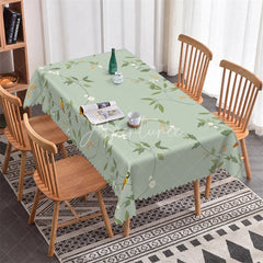 Aperturee - Aperturee Elegant Sage Green Floral Vine Rectangle Tablecloth with Birds Scalloped Edge for Dining and Kitchen Decor.