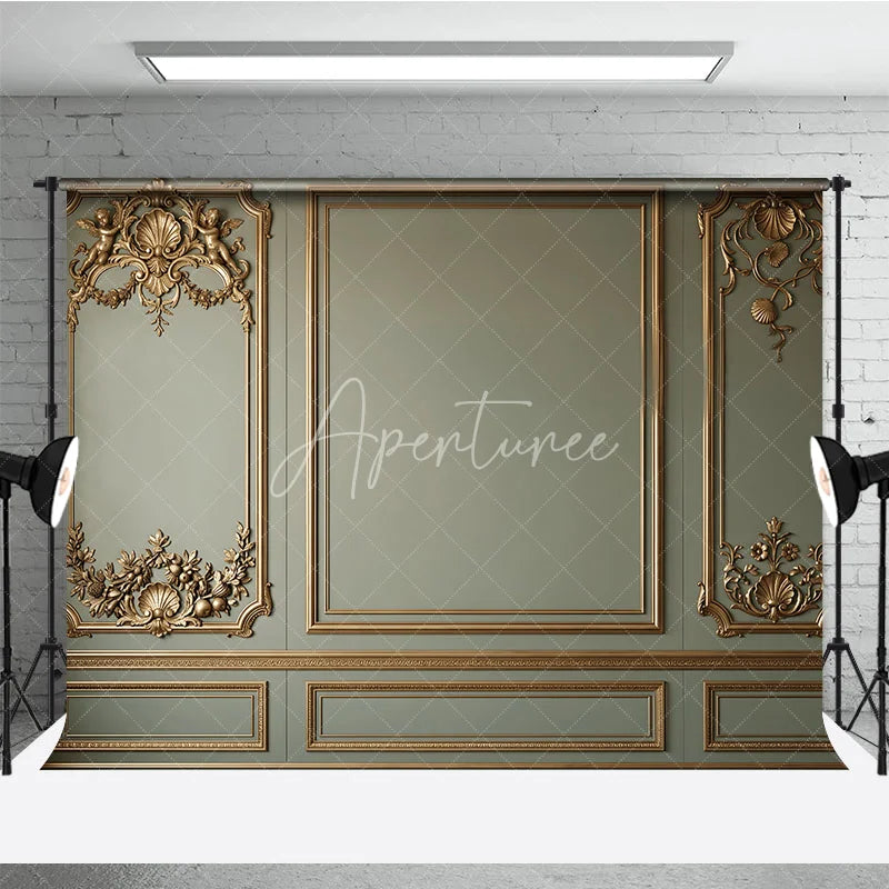 Aperturee - Aperturee Elegant Sage Green Wall with Golden Ornate Moldings and Cherubs Photography Backdrop Classical Fine Art Decor
