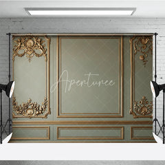 Aperturee - Aperturee Elegant Sage Green Wall with Golden Ornate Moldings and Cherubs Photography Backdrop Classical Fine Art Decor