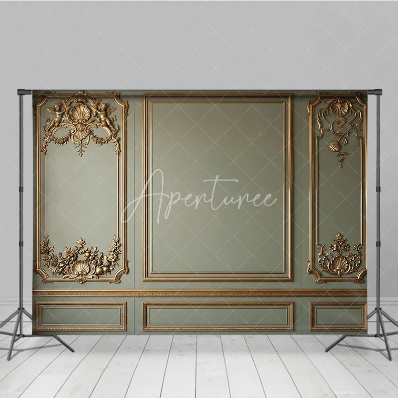 Aperturee - Aperturee Elegant Sage Green Wall with Golden Ornate Moldings and Cherubs Photography Backdrop Classical Fine Art Decor