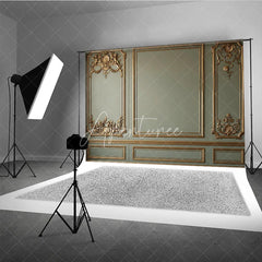 Aperturee - Aperturee Elegant Sage Green Wall with Golden Ornate Moldings and Cherubs Photography Backdrop Classical Fine Art Decor