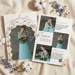 Aperturee - Aperturee Elegant Set of 20 Custom Class of 2026 Graduation Party Invitation Watercolor Floral Arch and Portrait Design
